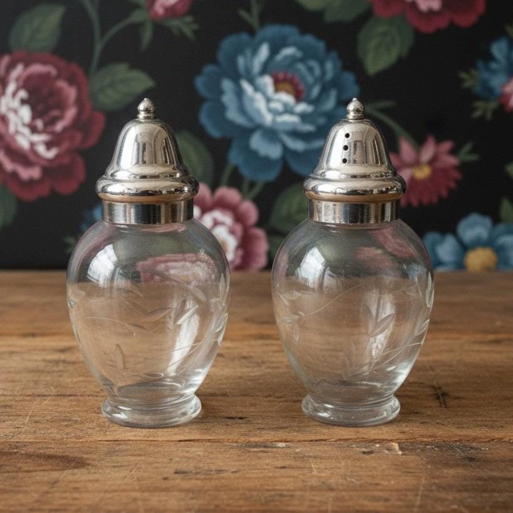 Princess House Heritage Salt & Pepper Shakers, Vintage Etched Floral Tableware